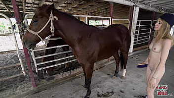 Skinny naked girl jockey combing her horse 360p